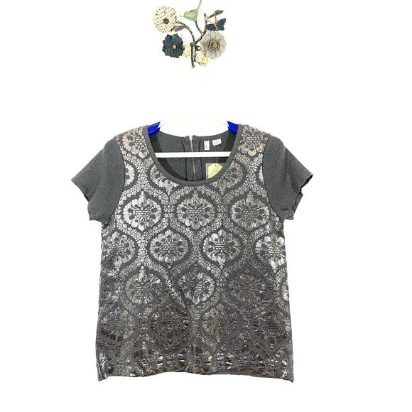 Anthropologie Moth Drawing Room Top Metallic Pullover Short Sleeve Sweater Med - Picture 3 of 10